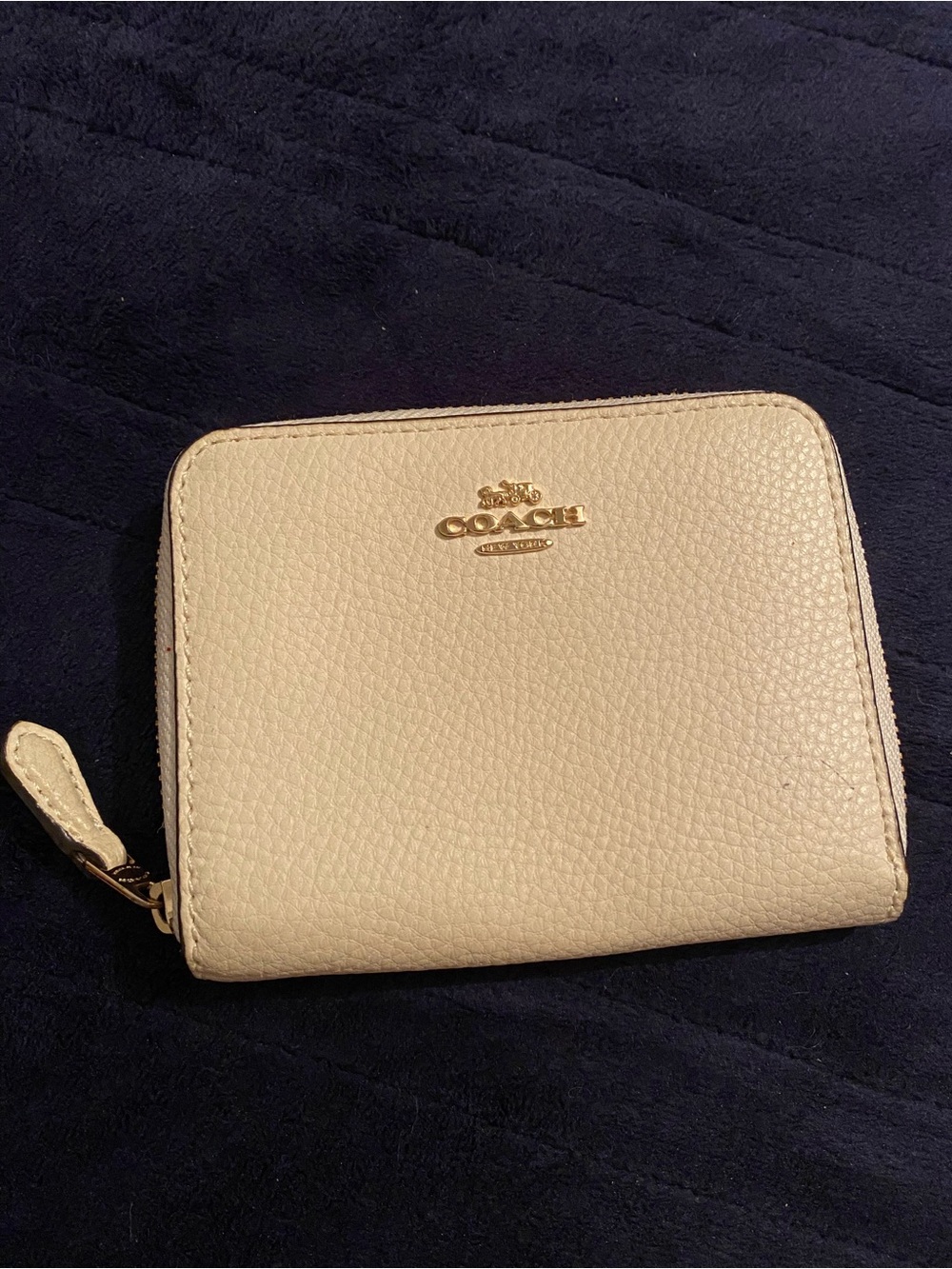 Coach Small Pebbled Leather Zip Wallet in Beige with Gold Logo